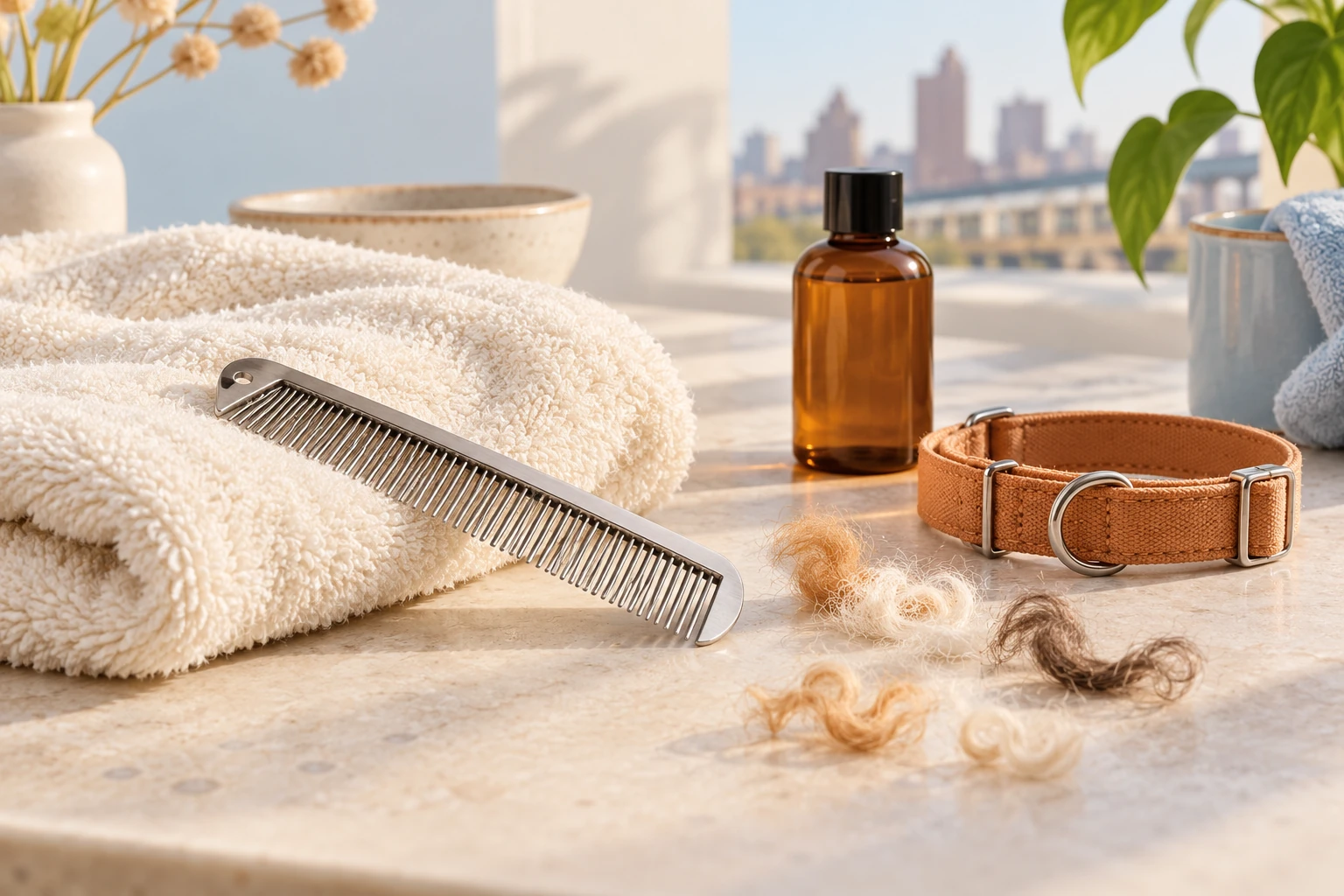 Illustrative pet grooming tools, towel, collar and shampoo bottle; no pet, person, storefront or grooming result is depicted.